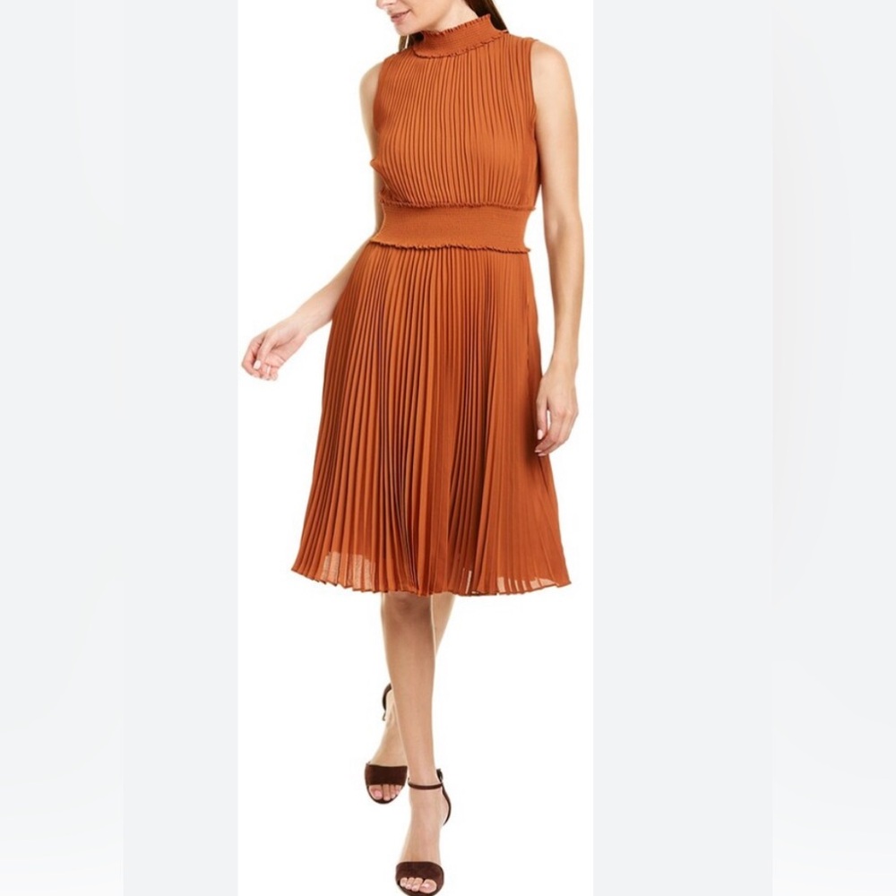 Nanette Lepore Womens Copper‎ Sleeveless Mock Neck Pleated Midi in ginger…